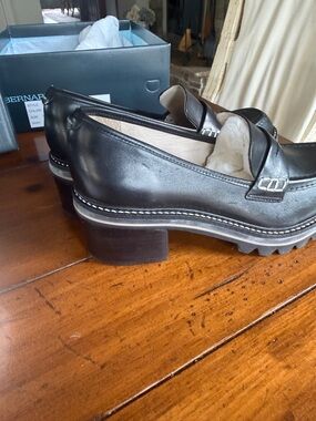 Bernardo Black Leather Lug Sole Penny Loafers